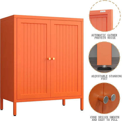 2 Door Metal Storage Cabinet-Small Bathroom Storage Cabinet with 1 Adjustable Shelf,Freestanding Sideboard for Home Office, Living Room, Hallway, Entryway(Striped Door, Orange)