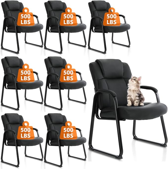 CLATINA Big Tall 500 LBS Wide Guest Chair Heavy Duty, Leather Side Reception Chairs with Sled Base and Armrest, Executive Office Desk Chair No Wheels for Meeting Conference Waiting Room Home, 8 Pack