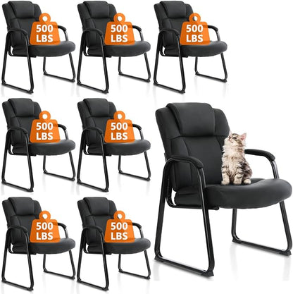 CLATINA Big Tall 500 LBS Wide Guest Chair Heavy Duty, Leather Side Reception Chairs with Sled Base and Armrest, Executive Office Desk Chair No Wheels for Meeting Conference Waiting Room Home, 8 Pack