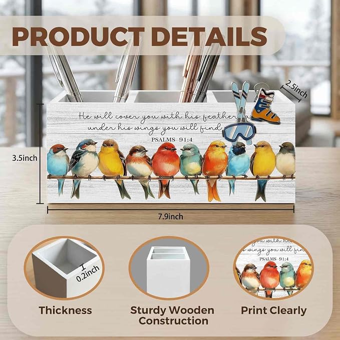 Christian Bird Pencil Pen Holder for Desk Organizer, Christian Gifts for Women Men, Religious Bible Verse Wooden Box Decorations for Home Office Bedroom Desk Tabletop Decor