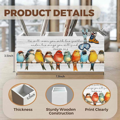 Christian Bird Pencil Pen Holder for Desk Organizer, Christian Gifts for Women Men, Religious Bible Verse Wooden Box Decorations for Home Office Bedroom Desk Tabletop Decor