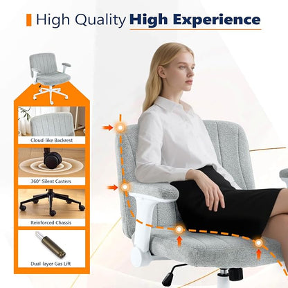 VINGLI Criss Cross Chair with Adjustable Flip-Up Arms,Cross Legged Chair with Wheels, Extra Wide Office Chair,Cozy Desk Chair for Home Office, Vanity, Apartment,Chenille Velvet,Light Blue-Green