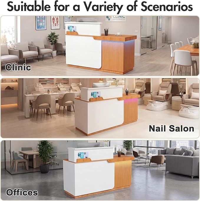 Kikihouse Modern Reception Desk with LED, 63” Fluted Front Desk with Lockable Drawer, Cabinet and Sliding Tray, Large Reception Counter Table for Office Lobby Nail Salon Clinic (Red Oak)