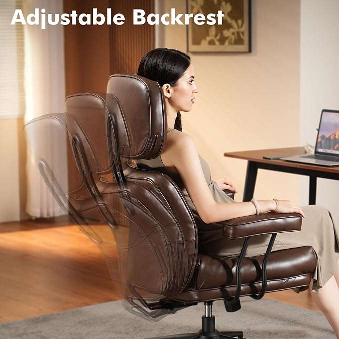 High Back Executive Office Chair with Comfortable Deep Seat,Brown PU Leather Modern Office Chair,Ergonomic Big and Tall Computer Desk Chair with Lumbar Support(Dark Brown)