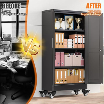 pozdeg 45.6" Metal Garage Storage Cabinets with Wheels, Lockable Rolling File Cabinets with 2 Doors and 3 Adjustable Shelves, Steel Tool Organizer Locker for Office Home Garage Gym School, Black