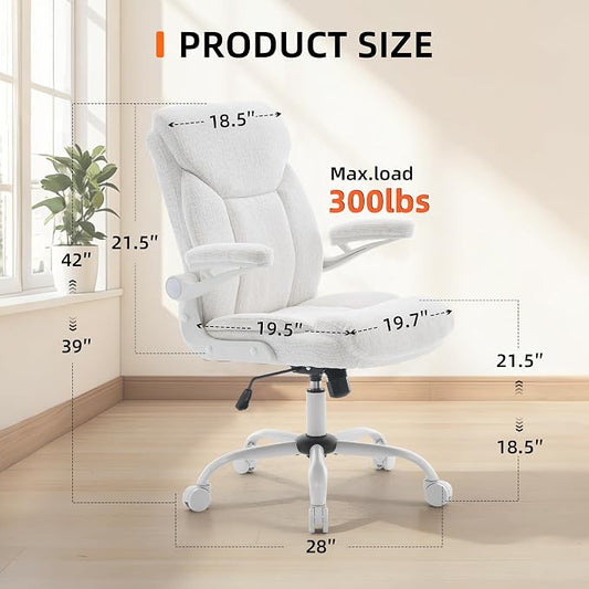 Home Office Ergonomic Desk Chair - Comfy Fabric Executive Chair with Flip-Up Armrests, Height Adjustable Computer Chair for Gaming, 360° Swivel & Rocking (White)