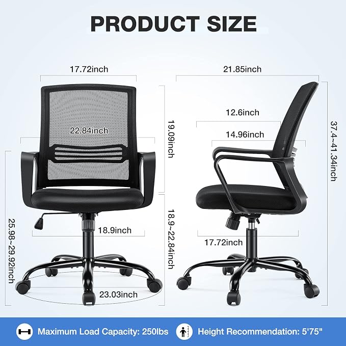 Office Chair - Ergonomic Office Chair Mid Back Office Desk Chair with Wheels Computer Chair with Lumbar Support Home Office Chair with Armrests for Adults, Black