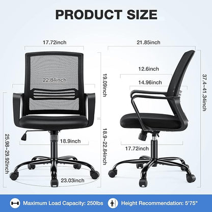 Office Chair - Ergonomic Office Chair Mid Back Office Desk Chair with Wheels Computer Chair with Lumbar Support Home Office Chair with Armrests for Adults, Black