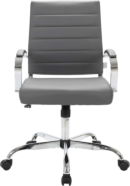 LeisureMod Benmar Leather Office Desk Chair, Mid-Back Ergonomic Swivel Chair with Lumbar Support, Adjustable Height, Tilt Lock, Cushioned Seat & Back, Home Office Task Chair (Grey, Pallet)