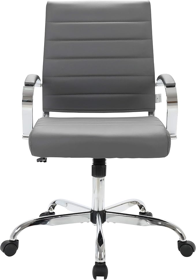 LeisureMod Benmar Leather Office Desk Chair, Mid-Back Ergonomic Swivel Chair with Lumbar Support, Adjustable Height, Tilt Lock, Cushioned Seat & Back, Home Office Task Chair (Grey, Set of 2)