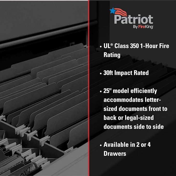 FireKing Patriot Vertical 4 Drawer Legal & Letter Fire Safe File Cabinet, Key Lock, 1 Hour Fire Rated UL Rated & Water Resistant, USA Made, Parchment