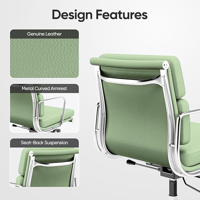 Genuine Leather Office Chair, Padded Mid Back Ergonomic Executive Desk Chair with Aluminum Arm Rest and Base, Swivel Wheels with Lumbar Support & Tilting Function, Hight Adjustable, Light Green