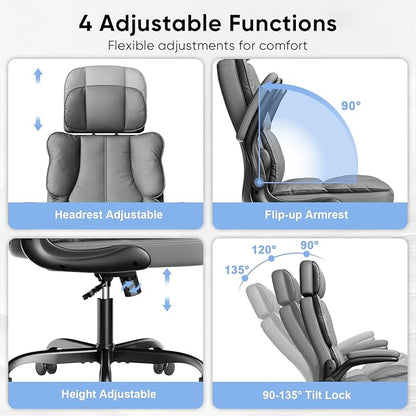 Kensaker Ergonomic Executive Office Chair with Adjustable Headrest & 90° Flip-Up Arms, High Back PU Leather Computer Desk Chair with 135° Rocking & Double Padding for Home Office Comfort, Gray