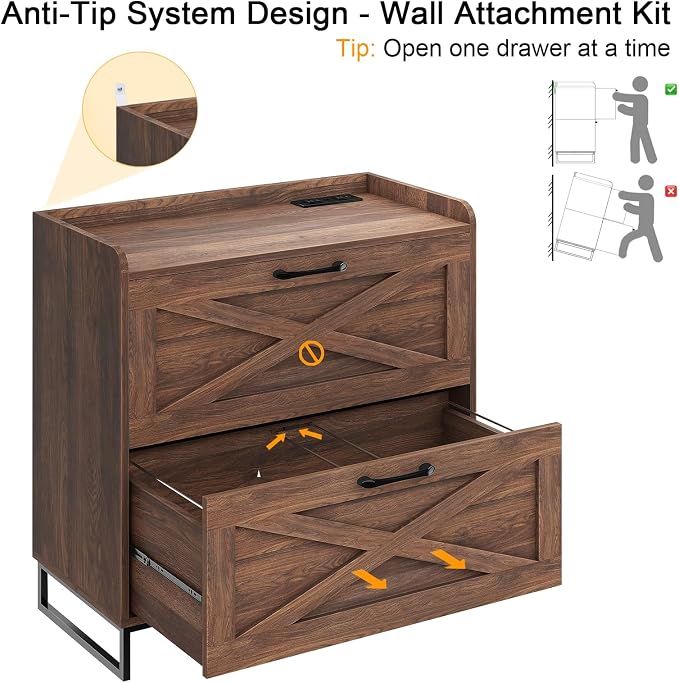 Halitaa File Cabinet 2 Drawers Lateral File Cabinet with Charging Station for Letter/Legal/A4 Size Hanging Files, Large Wood File Storage Cabinets Printer Stand for Home Office, Dark Walnut