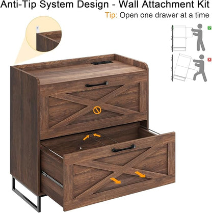Halitaa File Cabinet 2 Drawers Lateral File Cabinet with Charging Station for Letter/Legal/A4 Size Hanging Files, Large Wood File Storage Cabinets Printer Stand for Home Office, Dark Walnut