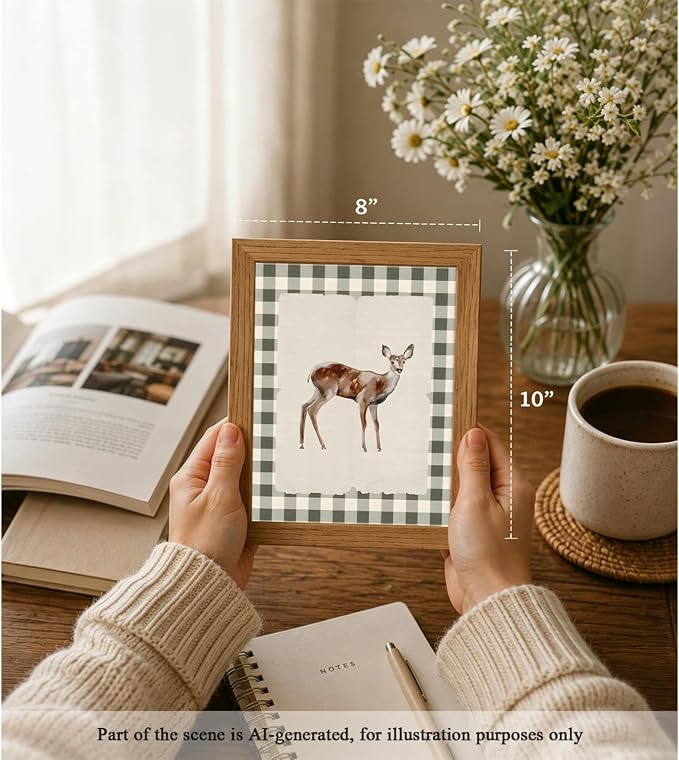 CXQILVER Vintage Framed Deer Wall Art Canvas Painting, Woodland Fawn Prints Wall Decor, Green Gingham Rustic Farmhouse Animal Artwork Pictures for Living Room Bedroom Bathroom Nursery Decor 8x10 Inch