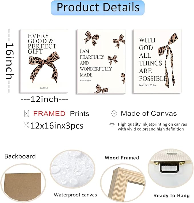 Leopard Bow Wall Art, Y2K Cheetah Print Room Decor for Teen Girls, Inspirational Bible Verses Bow Wall Decor Canvas Pictures Aesthetic for Bedroom Bathroom Dorm 12x16 Inch Framed