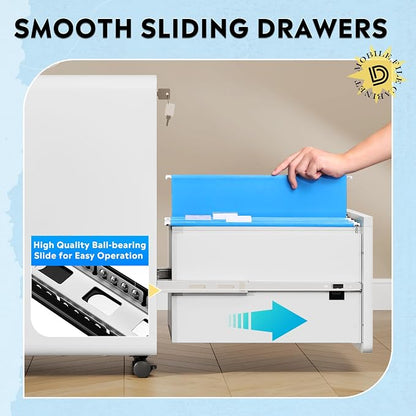 DEVAISE 2-Drawer File Cabinet with Lock, 0.7mm Thick Steel Mobile Filing Cabinet for Home Office, Under Desk Storage Organizer with Rounded Corners, Fully Assembled, 20" D x 15.8" W x 25" H, White
