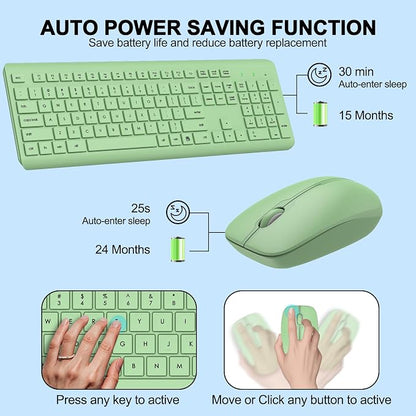 Wireless Keyboard and Mouse Combo, Full-Size Silent Ergonomic Keyboard and Optical Mouse, Long Battery Life, 2.4G Lag-Free Mice Keyboard for Computer,Mac,Laptop,PC,Windows(Avocado Green)
