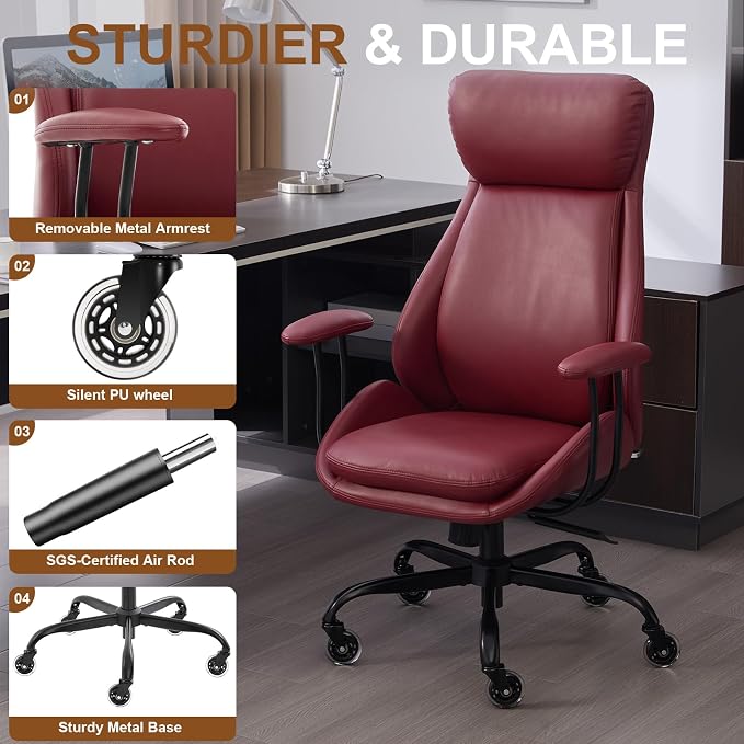 E-Motie Office Chair, Leather Desk Chair with Rubber Wheels, Ergonomic Computer Chair 500 LBS with Lumbar Support, High Back Executive Chair for Modern Home Office, Red