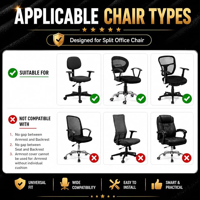 Water-resistant Stretchable Desk Office Chair Seat Covers with Armrest Covers Universal Spandex Computer Chair Slipcover - Rotating Backrest Coverings & Cushion Protectors for Pets, Black