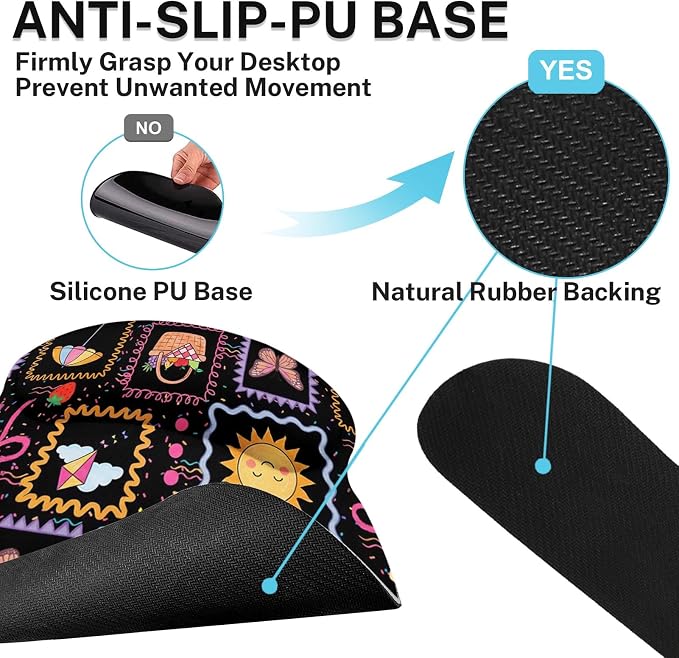 Britimes Cute Sun Bow Keyboard Mouse Pad Set Black Colorful Doodle 4in1 Large Mousepad+Keyboard Wrist Rest+Mouse Wrist Rest+Coaster Ergonomic Design for Home Office Computer 35.4x15.7 inches