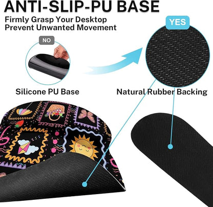 Britimes Cute Sun Bow Keyboard Mouse Pad Set Black Colorful Doodle 4in1 Large Mousepad+Keyboard Wrist Rest+Mouse Wrist Rest+Coaster Ergonomic Design for Home Office Computer 35.4x15.7 inches