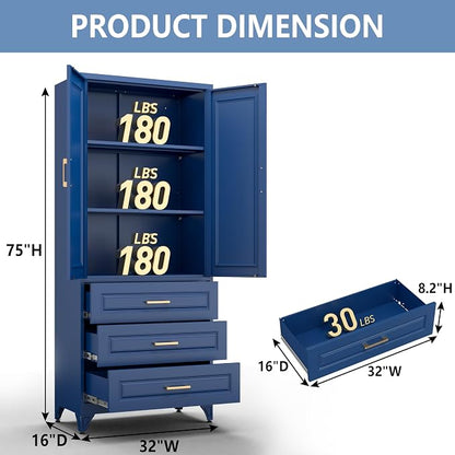Polup Metal Storage Cabinet,75" Tall Kitchen Pantry Storage Cabinet with Doors and Adjustable Shelves, Blue Metal Pantry Cabinets with 3 Drawers, Large Cupboard for Dining Living Room, Bathroom