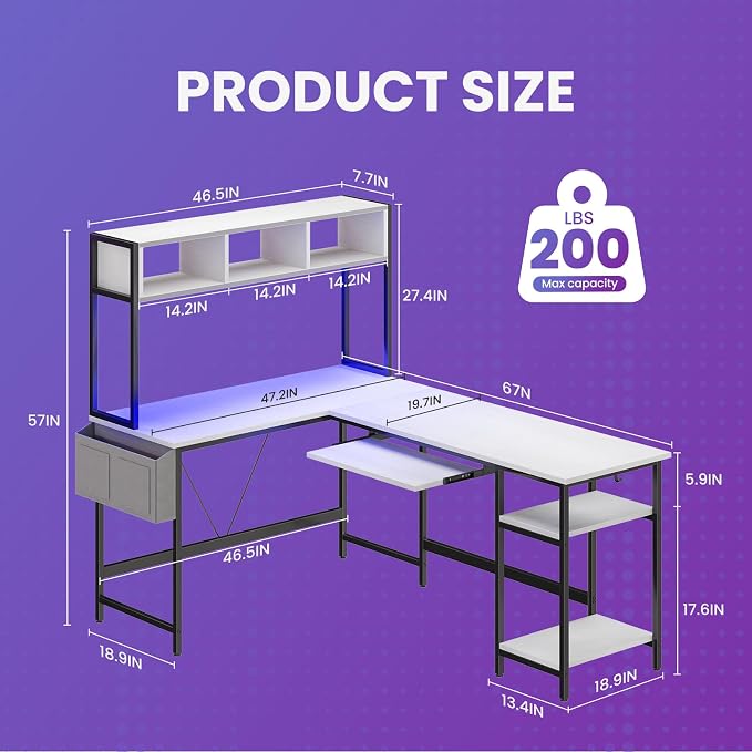 DUMOS 67" L Shaped Gaming Desk, Corner Desks for Compact Spaces with Keyboard Tray & Storage Shelf,Reversible Computer Desk with LED Lighting,Metal Frame PC Gaming Table for Home Office, White