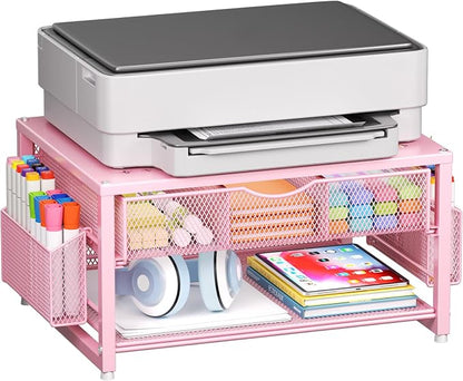 Marbrasse Metal Printer Stand for Desk with Storage Drawer and 2 Pen Holders, 2-Tier Desktop Organizer Printer Table for Home Office, Multi-Purpose Desk Organizer for Fax Machine Scanner Files(Pink)