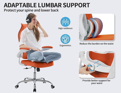 TRALT Ergonomic Office Chair - Desk Chair with Wave High Back Adjustable Lumbar Support Computer Chair - Gaming Chairs Mesh Backrest and PU Leather Seat for Home Reading Chairs to Adults (Orange)