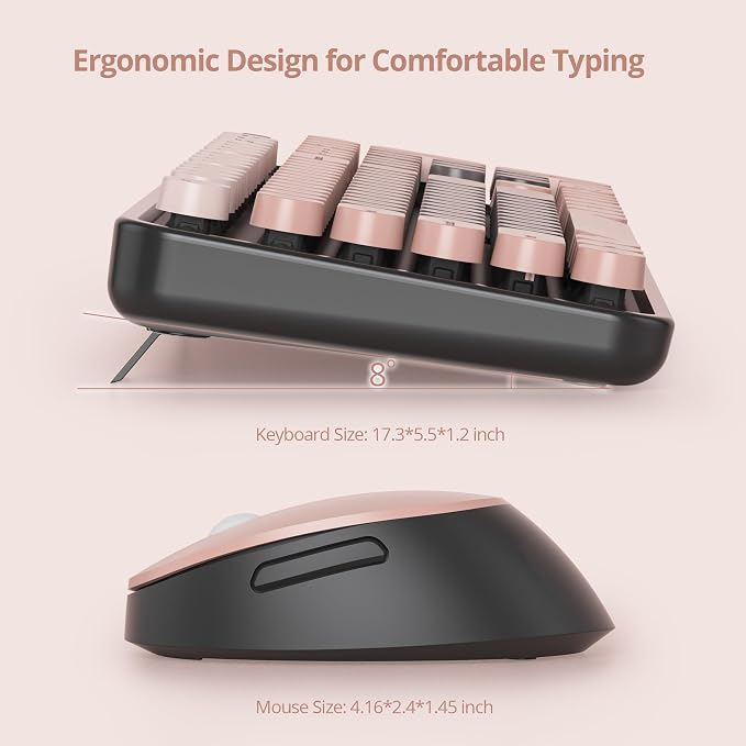 Guffercty kred Pink and Black Keyboard Mouse Wireless, Retro Typewriter Round Keycaps Full-Size Wireless Keyboard 2.4GHz for Desktop Laptop and PC (Dark Plum)