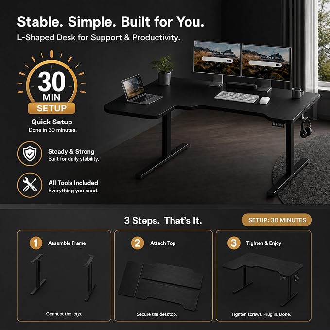 Grandder 47" L Shaped Standing Desk, Electric Height Adjustable Corner Stand Up Desk with Ergonomic Curved Round Corner for Small Apartment Home Office, Black Desktop Black Frame