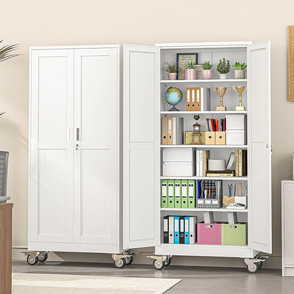 pozdeg 75" Metal Garage Storage Cabinets with Wheels, Lockable Rolling File Cabinets with 2 Doors and 5 Adjustable Shelves, Steel Tool Organizer Locker for Office Home Garage Gym School, White
