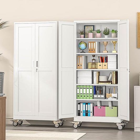 pozdeg 75" Metal Garage Storage Cabinets with Wheels, Lockable Rolling File Cabinets with 2 Doors and 5 Adjustable Shelves, Steel Tool Organizer Locker for Office Home Garage Gym School, White