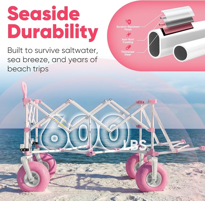 Sekey Heavy Duty Beach Wagon with 9" Big Sand-Proof Wheels, 300L Oversized Foldable Beach Cart with Cooler| Adjustable Handle & Balloon Tires for Sand, Camping,Vacation