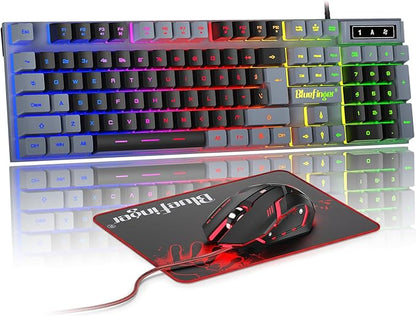 BlueFinger RGB Gaming Keyboard and Backlit Mouse Combo, USB Wired, LED Gaming Set for Laptop PC Computer Game and Work(Gray & Black)