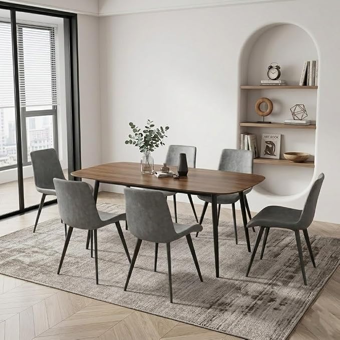 HIPIHOM 55 Inch Modern Wood Dining Table Set for 6 with Black Leather Chairs - Kitchen & Dining Room Furniture, Gray Table & 6 Seater Chairs Set (55.1")