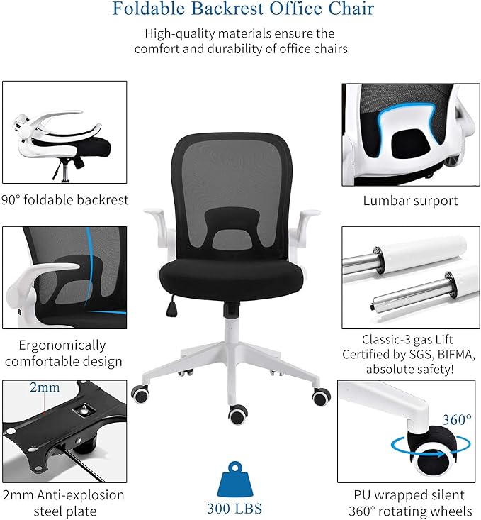 IPKIG Foldable Office Chair - Home Office Desk Chairs with Wheels and Flip-Up Arms - Ergonomic Backrest Mesh Computer Chair Adjustable Swivel Rolling Home Executive (White)