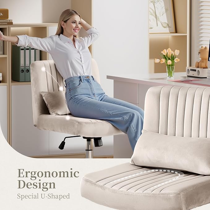 Velvet Office Chair, Luxury Criss Cross Chair with Wheels, Comfy Cross Legged Desk Chair for Home Office, Height Adjustable Vanity Chair, Wide Seat Computer Chair, Gift for Girlfriend, Cozy Beige