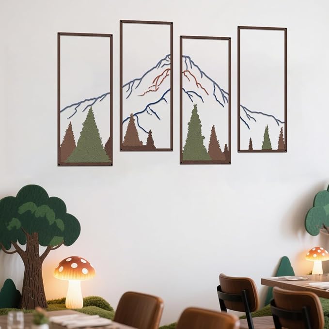 ruelen 4 Pcs Metal Mountain and Forest Wall Decor Colorful Landscape Mountain Wall Art Pine Tree Forest Wall Decoration Rustic Nature Wall Decor for Living Room Home Office Bathroom Indoor (Middle)