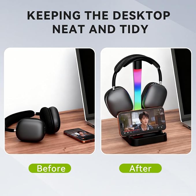 Headphone Stand with Charger,Gaming Headset stand with RGB Light Mode,For Airpod Max Stand,Desk Lamp,Phone Holder,Tablet Holder,desktop organizer,Gifts for Gamers & Music Lover(Black)