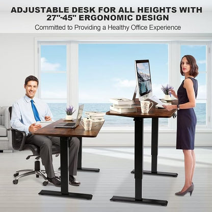 Electric Adjustable Height Standing Desk, 55×24 Inches Sit Stand Desk with Power Socket, 2 USB Ports, 3 Power Outlets, 4 Wheels,4 Memory Buttons Home Office Computer Workstations (Brown)