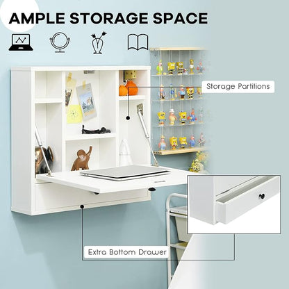 Tangkula Wall Mounted Desk, Pneumatic Floating Laptop Desk with Magnetic Foldable Tabletop, Space Saving Wall Mounted Table Wall Desk with Storage Drawer and Shelves (White)