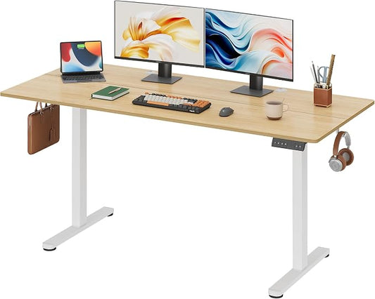 DEVAISE 63 Inch Electric Standing Desk, 3 Adjustable Computer Desk for Home Office, Ergonomic Sit to Stand Desk with LED Touchscreen，Headphone Hook, 3 Memory Preset, with Split Top, Maple