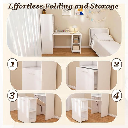 Fold Out Desk with Storage Shelves & Mobile Wheels, Convertible Pull-Out Murphy Desk for Small Spaces | Hidden Writing Computer Desks for Home Office, Apartment & Bedroom(White-)