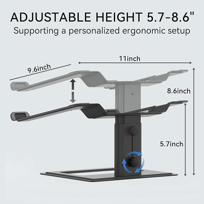 SOUNDANCE Adjustable Laptop Stand, Ergonomic Aluminum Riser for 10-17.3” Notebooks, Ventilated Metal Holder with Height Alignment for Desk Workspace, Black