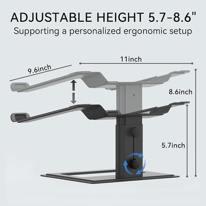 SOUNDANCE Adjustable Laptop Stand, Ergonomic Aluminum Riser for 10-17.3” Notebooks, Ventilated Metal Holder with Height Alignment for Desk Workspace, Black
