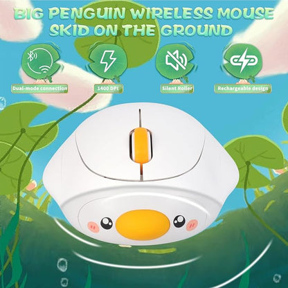 Cute Duck Bluetooth Wireless Mouse -Rechargeable,Dual Mode Connection, Silent Scroll Wheel, 1600 DPI - Perfect for Laptops, PCs, and Tablets (White)