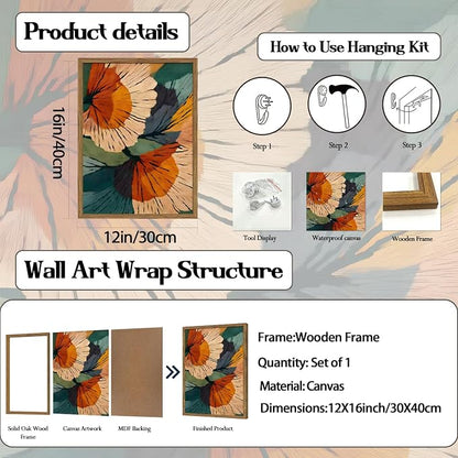 Framed Abstract Floral Wall Art, Boho Vintage Flower Pictures Wall Decor, Mid Century Modern Botanical Paintings Canvas Prints for Living Room Bedroom Office 12x16 inch